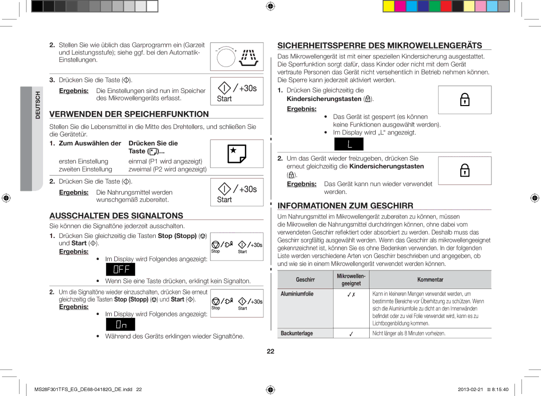 Samsung MS28F301TFS/EG Verwenden DER Speicherfunktion, Ausschalten DES Signaltons, Sicherheitssperre DES Mikrowellengeräts 