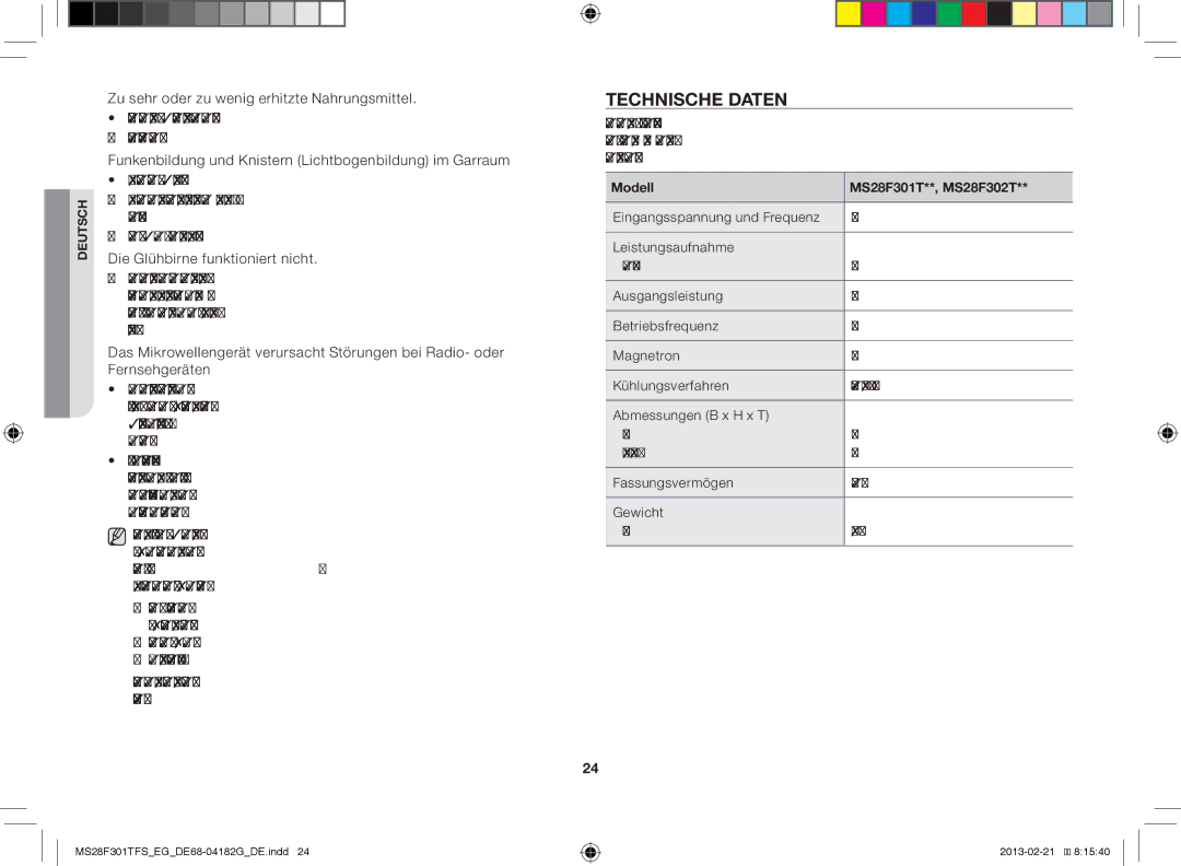 Samsung MS28F301TFS/EG, MS28F301TFS/EF manual Technische Daten, Modell MS28F301T**, MS28F302T 