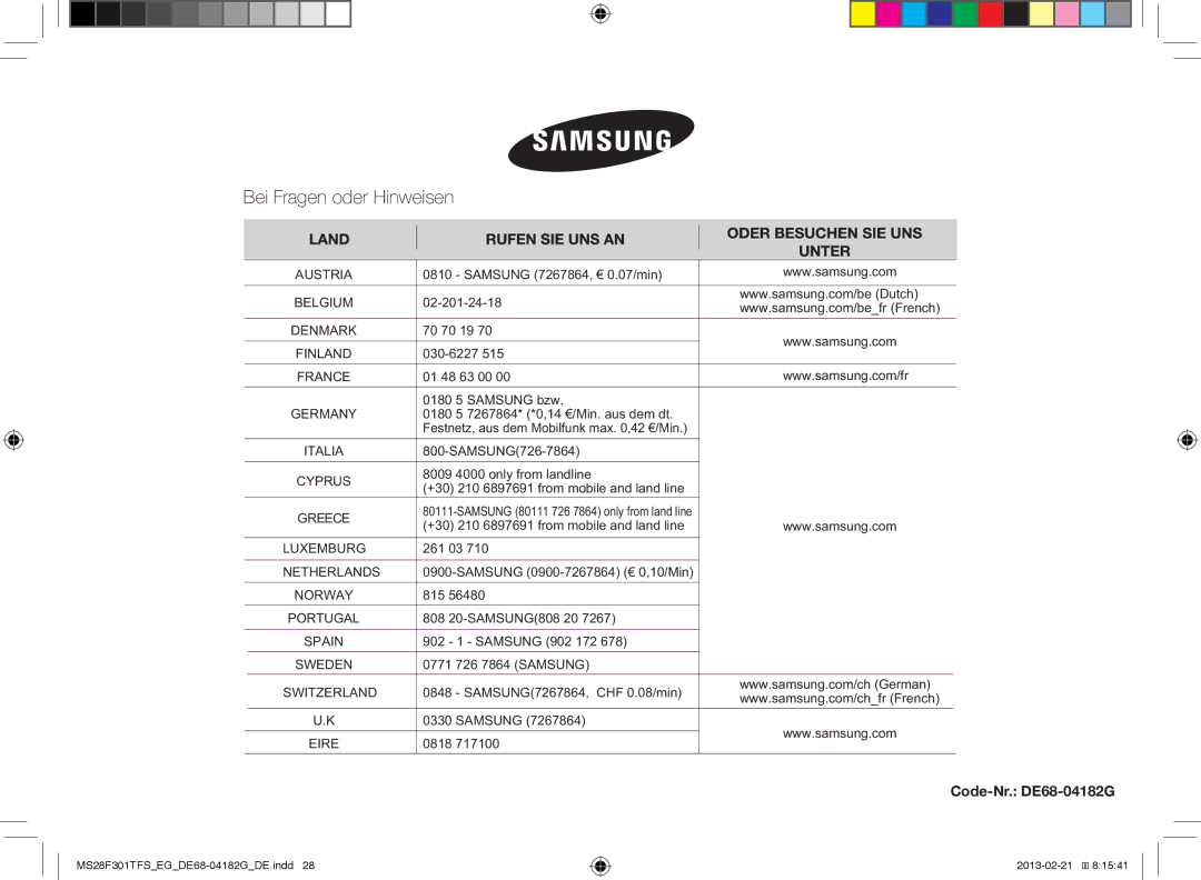 Samsung MS28F301TFS/EG, MS28F301TFS/EF manual Code-Nr. DE68-04182G 