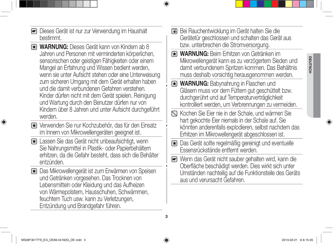 Samsung MS28F301TFS/EF, MS28F301TFS/EG manual Dieses Gerät ist nur zur Verwendung im Haushalt bestimmt 