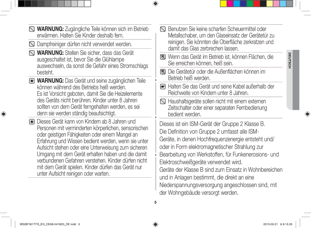 Samsung MS28F301TFS/EF, MS28F301TFS/EG manual Dampfreiniger dürfen nicht verwendet werden 