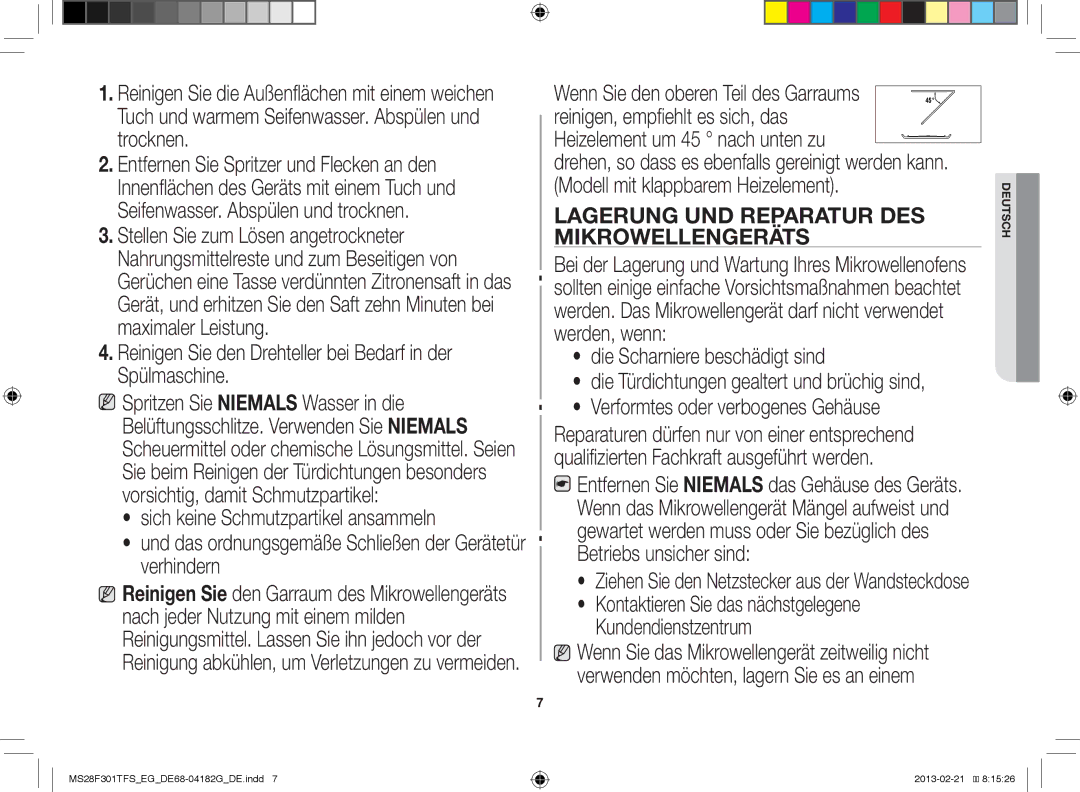 Samsung MS28F301TFS/EF, MS28F301TFS/EG manual Lagerung UND Reparatur DES 