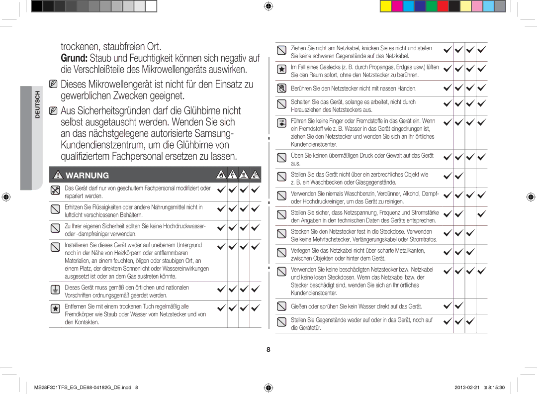 Samsung MS28F301TFS/EG, MS28F301TFS/EF manual Trockenen, staubfreien Ort 