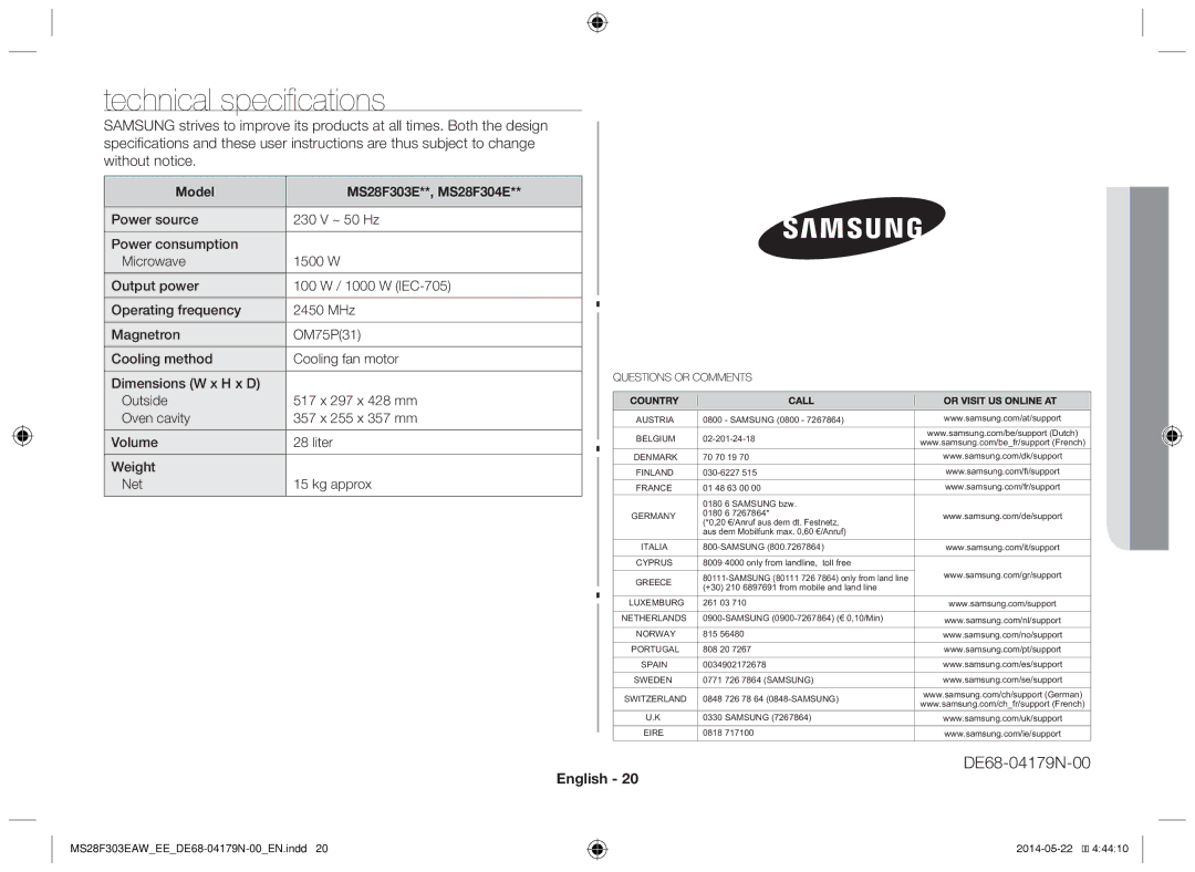 Samsung MS28F303EAS/EE manual Technical specifications, Model MS28F303E**, MS28F304E 
