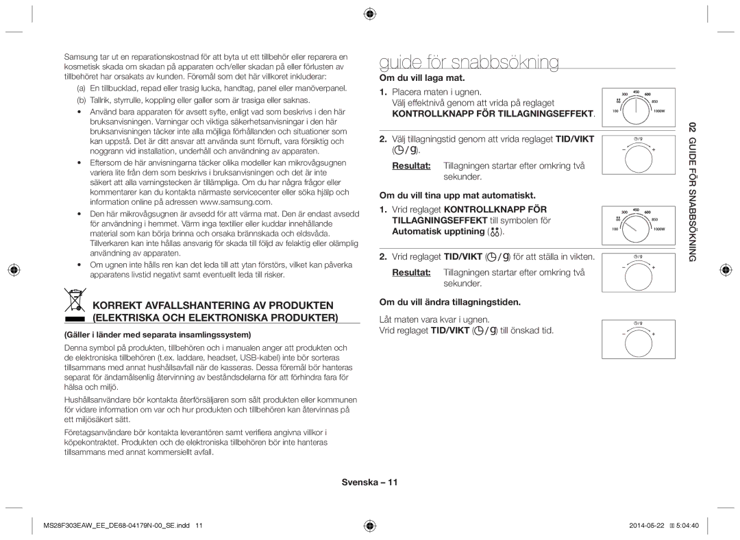 Samsung MS28F303EAS/EE manual Guide för snabbsökning, Om du vill laga mat, Om du vill ändra tillagningstiden 