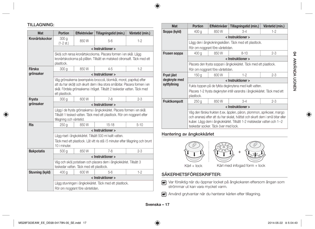 Samsung MS28F303EAS/EE Mat Portion, Färska, Grönsaker Instruktioner, Frysta, Ris, Bakpotatis, Soppa kyld, Fryst jäst 