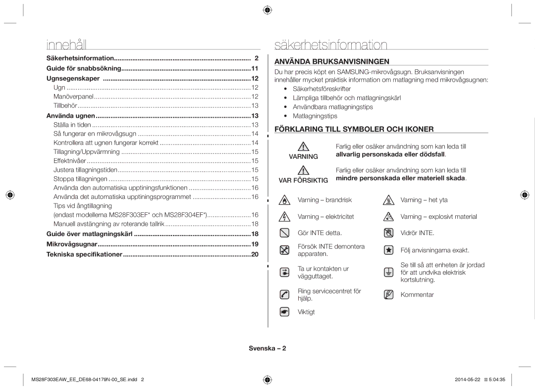 Samsung MS28F303EAS/EE Svenska, Säkerhetsinformation Guide för snabbsökning Ugnsegenskaper, Guide över matlagningskärl 