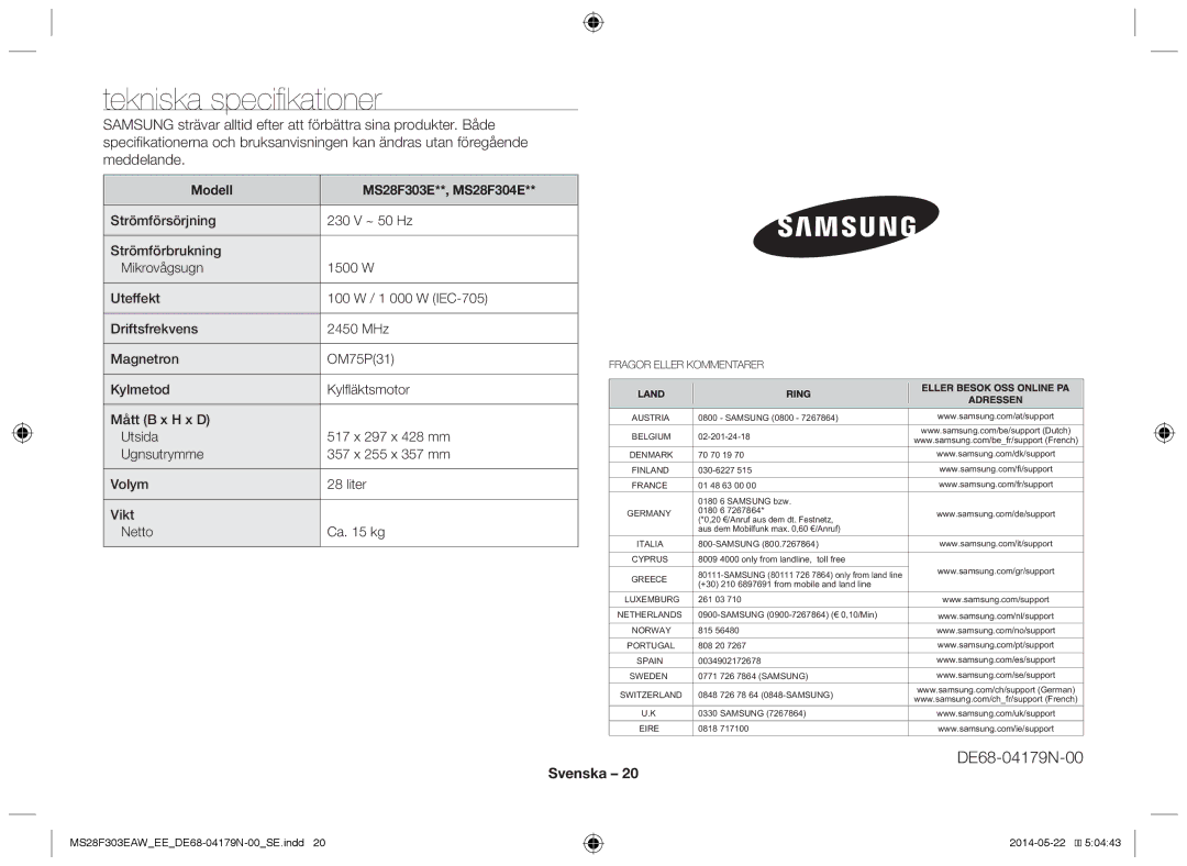 Samsung MS28F303EAS/EE manual Tekniska specifikationer, Modell MS28F303E**, MS28F304E 