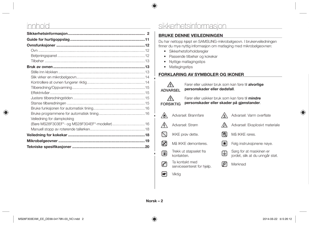 Samsung MS28F303EAS/EE manual Sikkerhetsinformasjon, Norsk, Guide for hurtigoppslag 