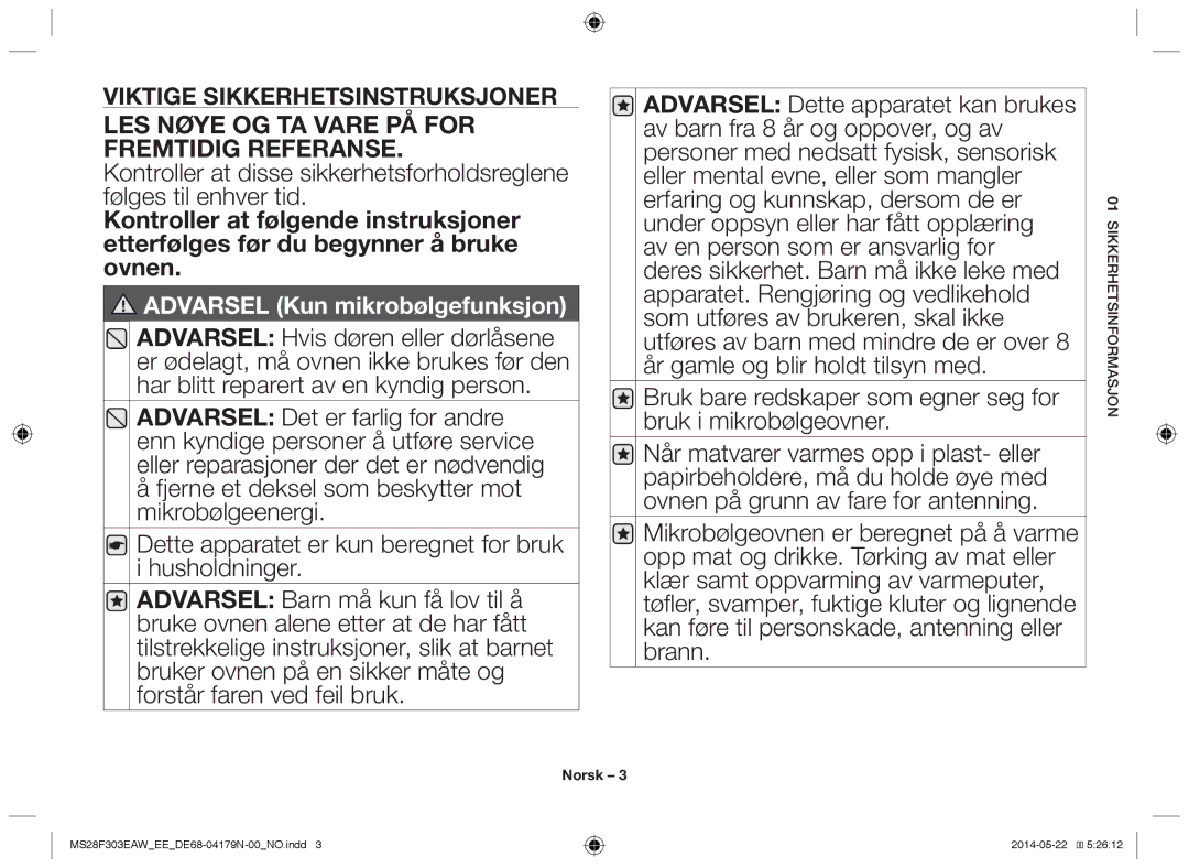 Samsung MS28F303EAS/EE manual LES Nøye OG TA Vare PÅ for Fremtidig Referanse 