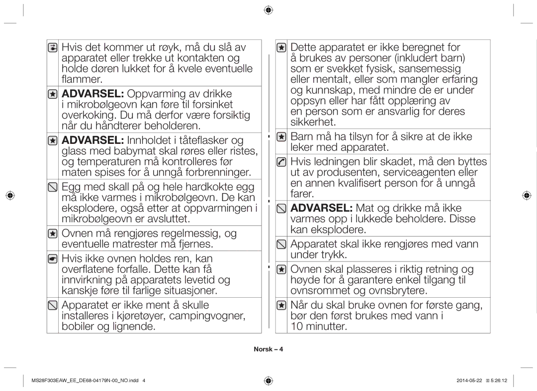 Samsung MS28F303EAS/EE manual Norsk 