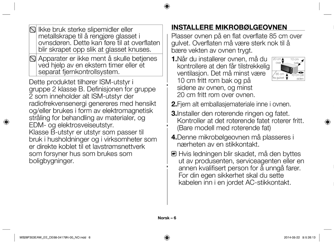 Samsung MS28F303EAS/EE manual Installere mikrobølgeovnen, Cm fritt rom over ovnen 