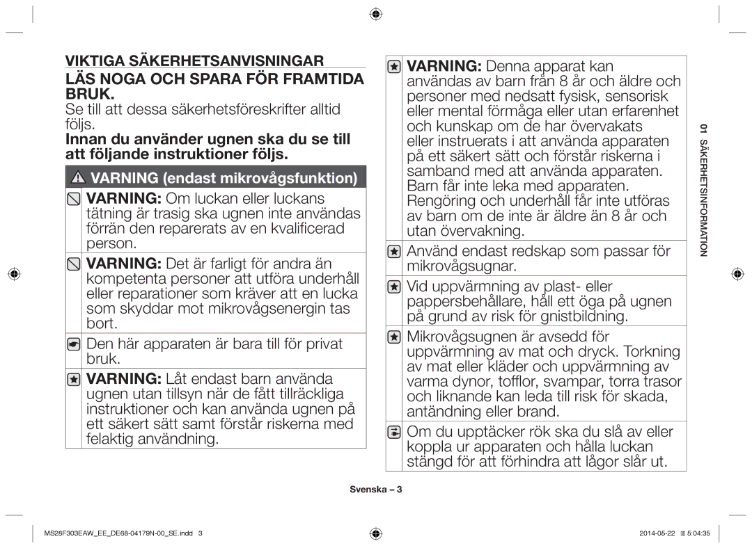 Samsung MS28F303EAS/EE manual LÄS Noga OCH Spara FÖR Framtida Bruk 