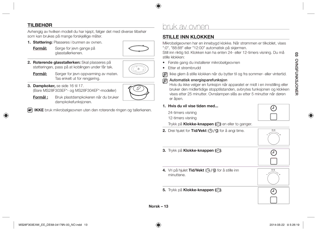 Samsung MS28F303EAS/EE manual Bruk av ovnen, Tilbehør, Stille inn klokken 