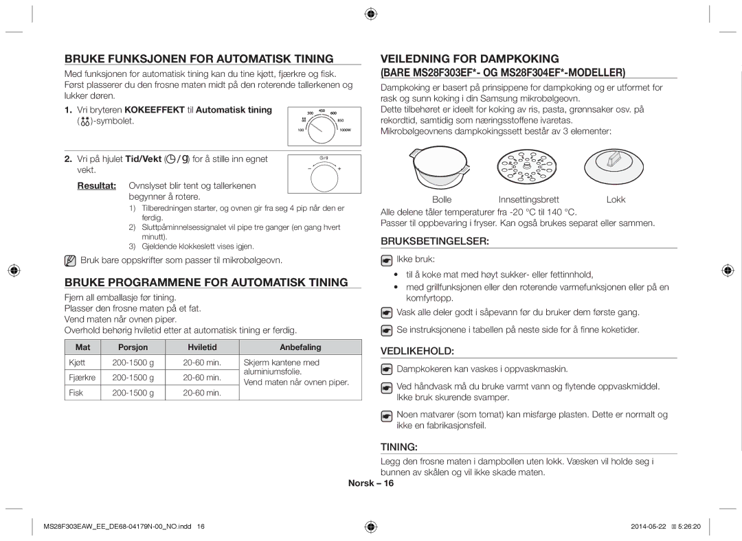 Samsung MS28F303EAS/EE manual Bruke funksjonen for automatisk tining, Bruke programmene for automatisk tining 