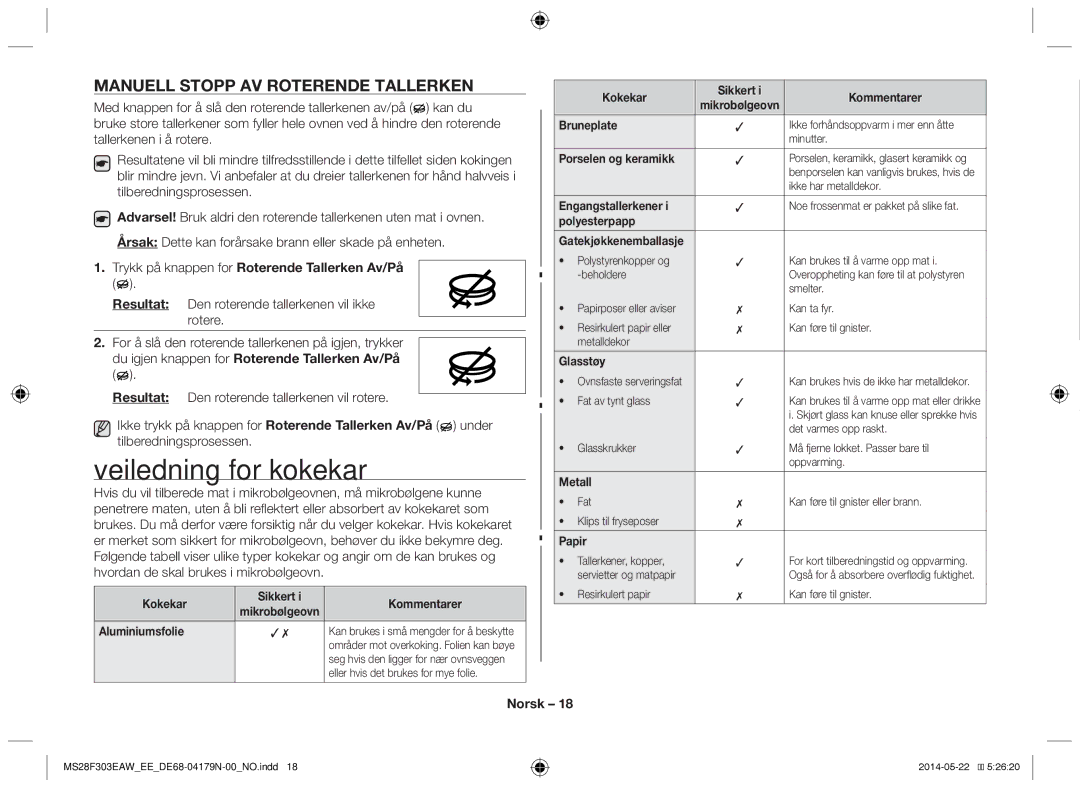 Samsung MS28F303EAS/EE manual Veiledning for kokekar, Manuell stopp av roterende tallerken 