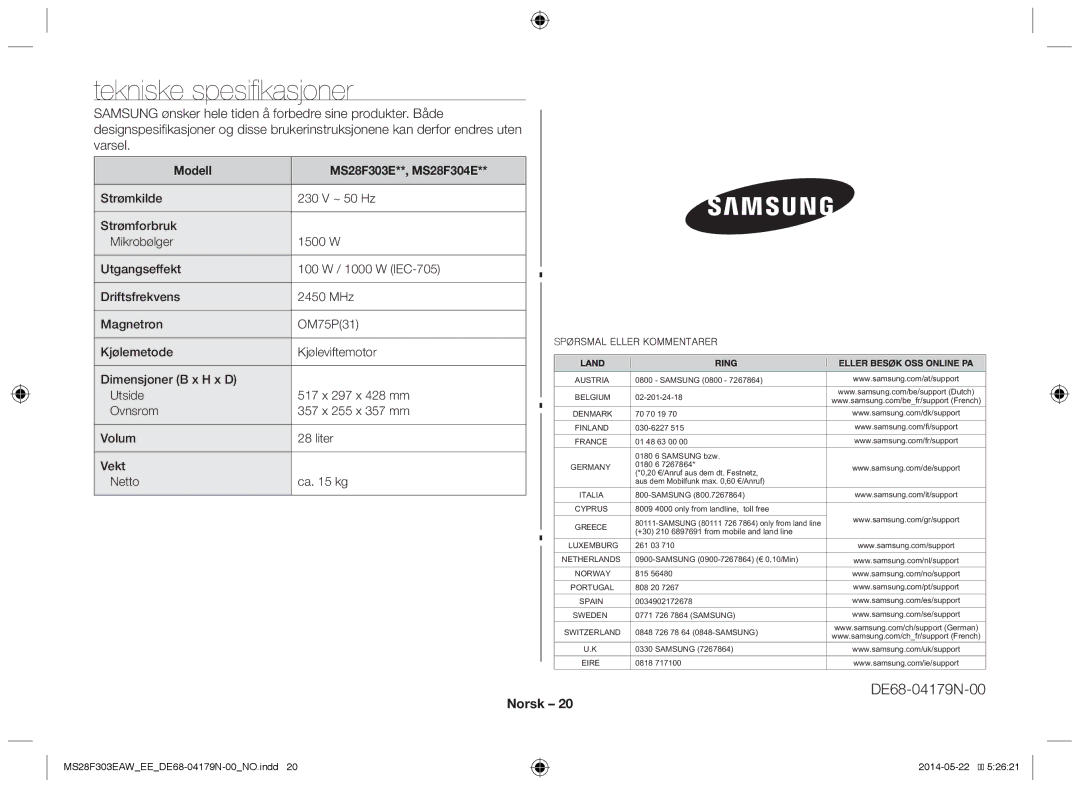 Samsung MS28F303EAS/EE manual Tekniske spesifikasjoner, Modell MS28F303E**, MS28F304E 
