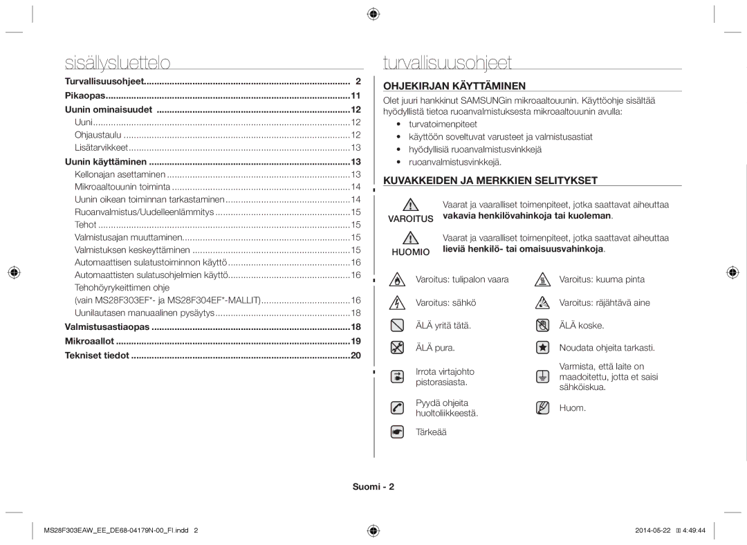 Samsung MS28F303EAS/EE manual Turvallisuusohjeet, Varoitus vakavia henkilövahinkoja tai kuoleman, Suomi 