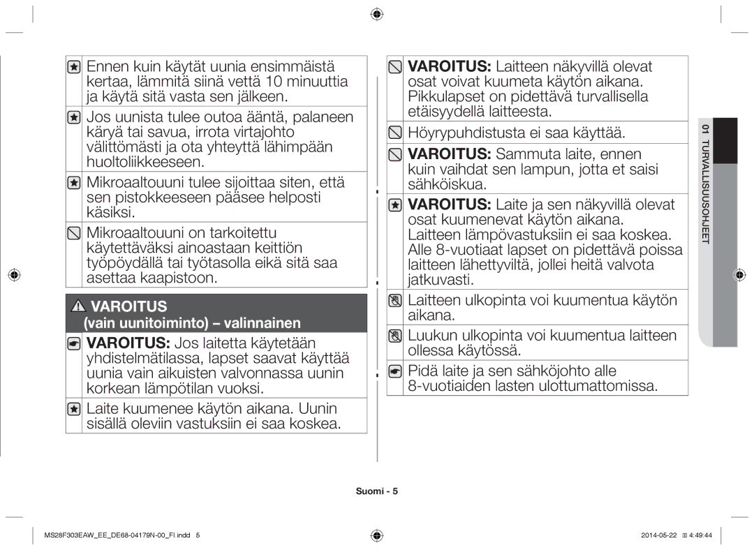 Samsung MS28F303EAS/EE manual Varoitus 