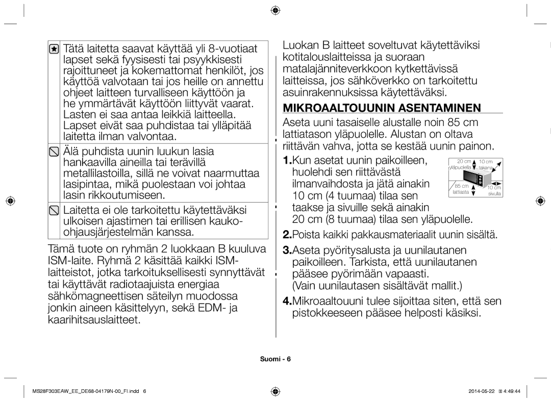 Samsung MS28F303EAS/EE manual Mikroaaltouunin asentaminen 