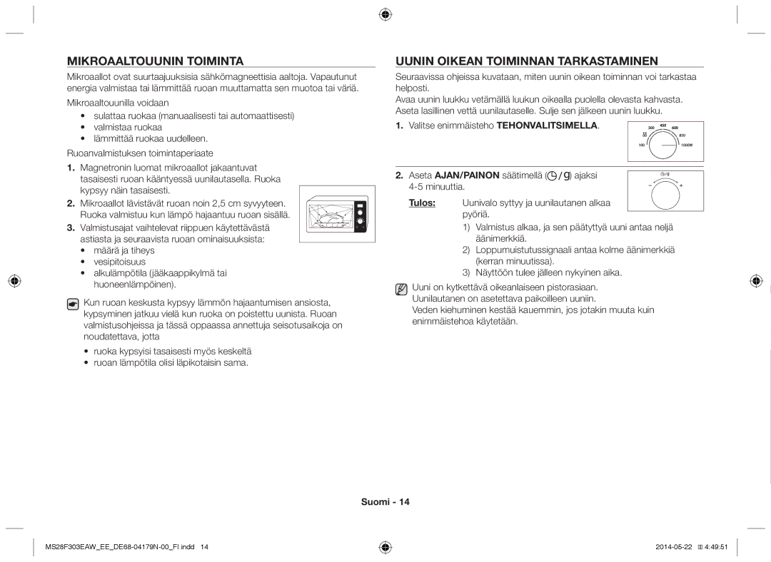 Samsung MS28F303EAS/EE manual Mikroaaltouunin toiminta, Uunin oikean toiminnan tarkastaminen 