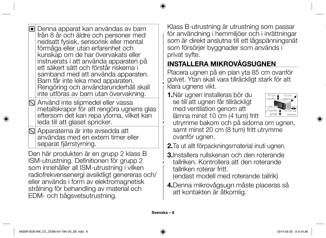 Samsung MS28F303EAS/EE manual Installera mikrovågsugnen 