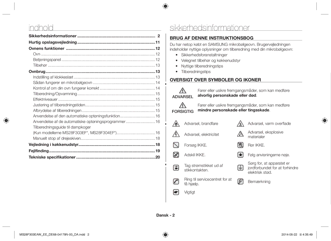 Samsung MS28F303EAS/EE manual Sikkerhedsinformationer, Dansk, Vejledning i køkkenudstyr 