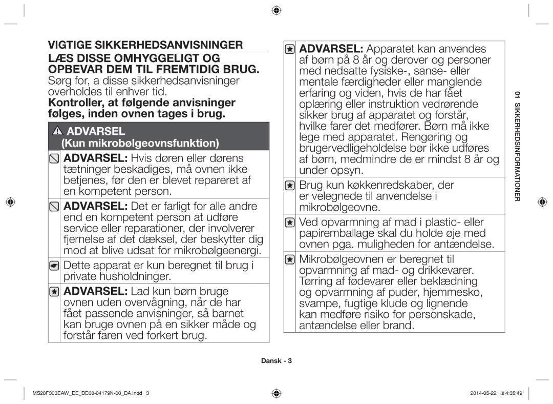 Samsung MS28F303EAS/EE manual Kun mikrobølgeovnsfunktion 