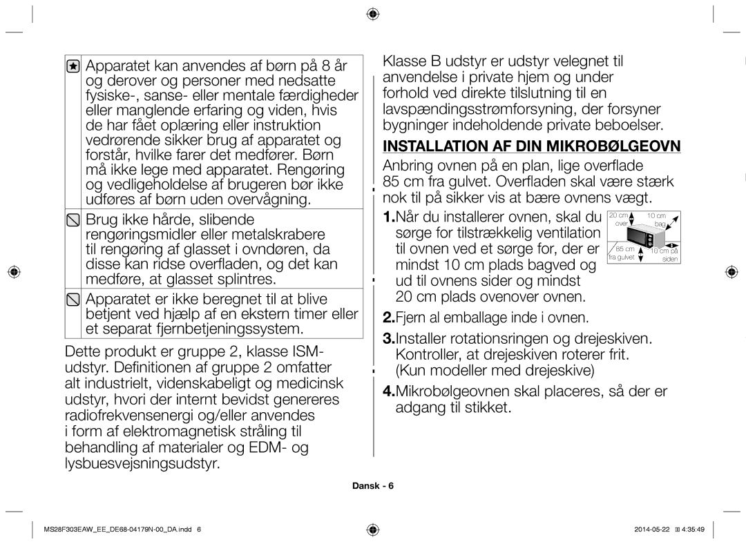 Samsung MS28F303EAS/EE manual Installation af din mikrobølgeovn 