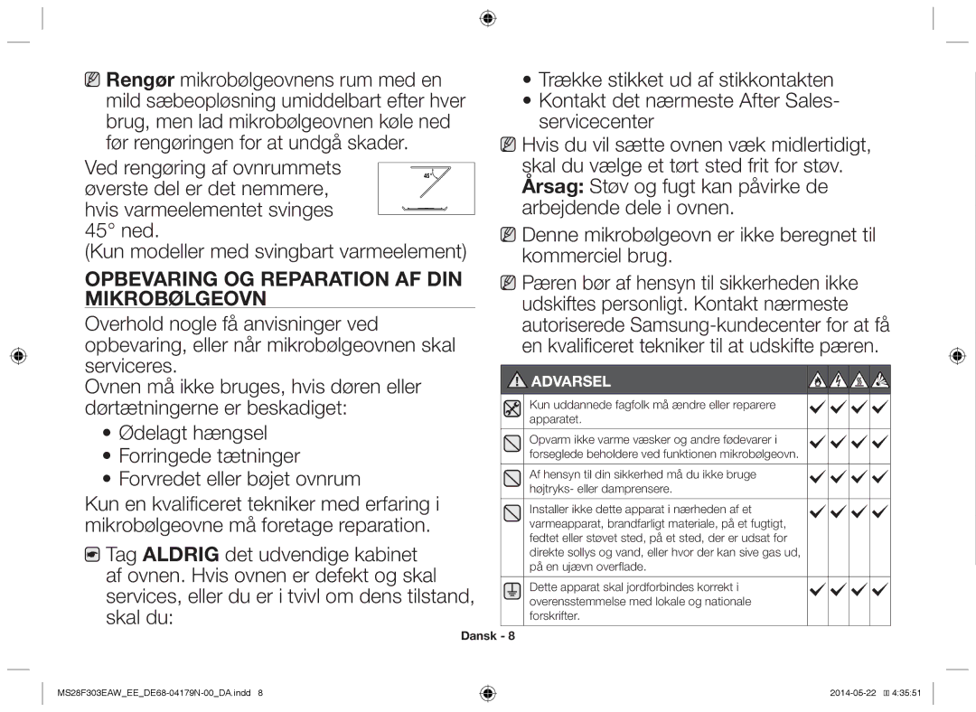 Samsung MS28F303EAS/EE manual Opbevaring og reparation af din mikrobølgeovn 