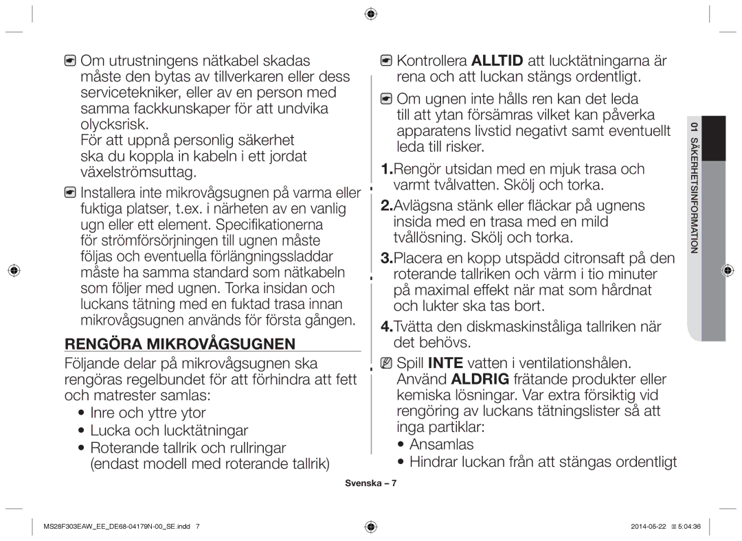 Samsung MS28F303EAS/EE manual Rengöra mikrovågsugnen 