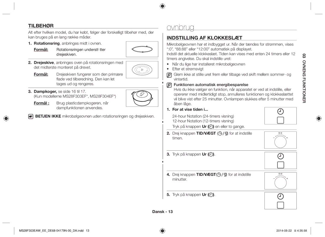 Samsung MS28F303EAS/EE manual Ovnbrug, Indstilling af klokkeslæt, For at vise tiden 