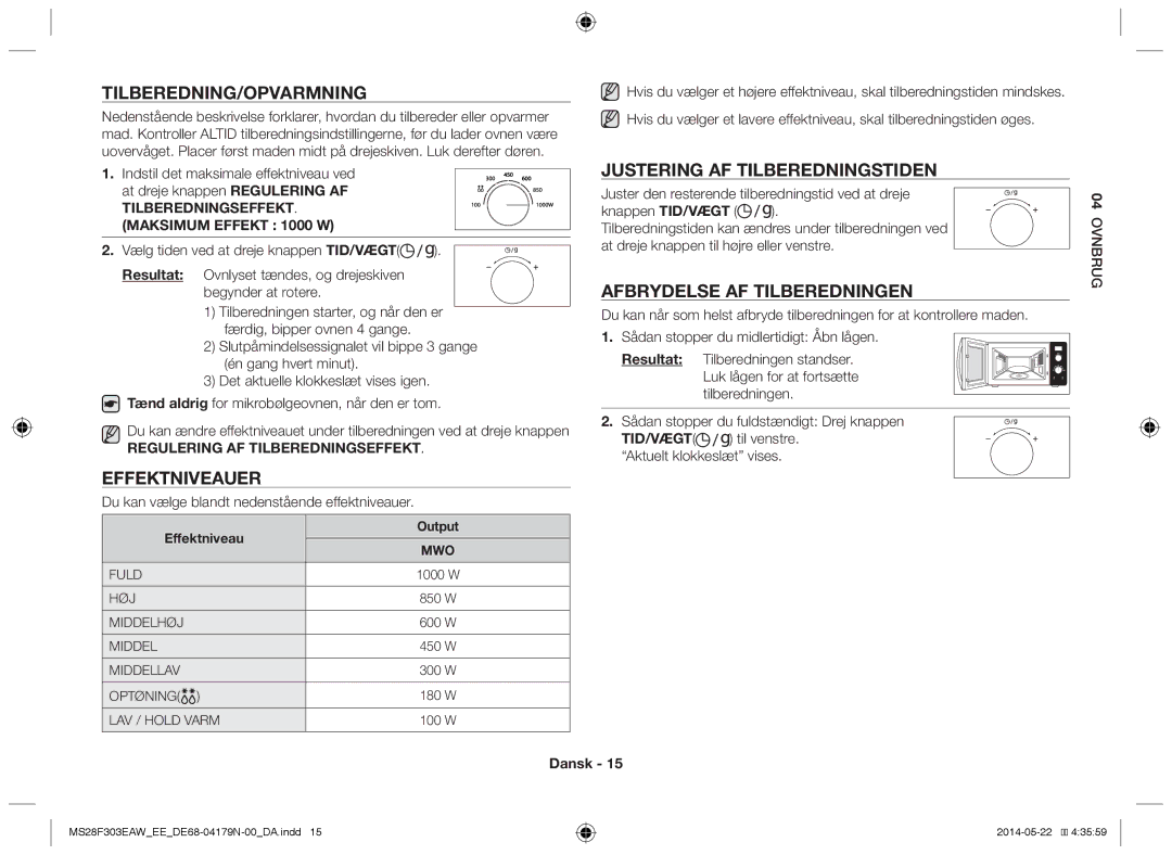 Samsung MS28F303EAS/EE manual Tilberedning/Opvarmning, Effektniveauer, Justering af tilberedningstiden, Effektniveau Output 