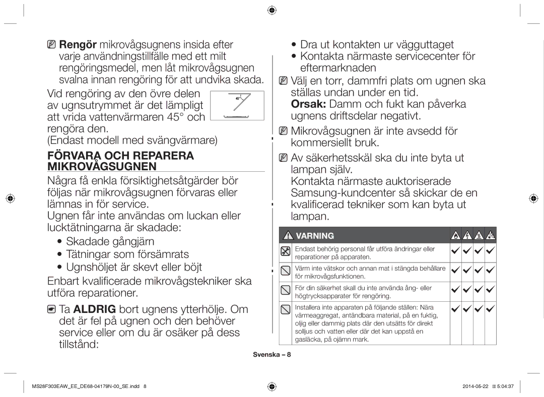 Samsung MS28F303EAS/EE manual Förvara och reparera mikrovågsugnen, Varning 