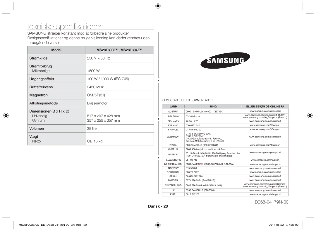 Samsung MS28F303EAS/EE manual Tekniske specifikationer, Model MS28F303E**, MS28F304E 