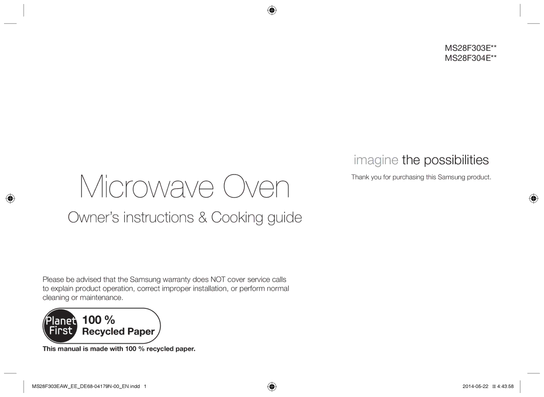 Samsung MS28F303EAS/EE Microwave Oven, This manual is made with 100 % recycled paper 