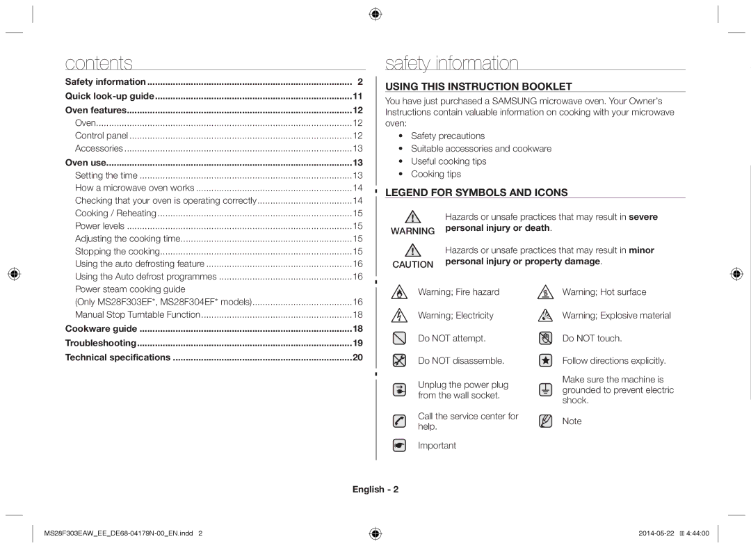 Samsung MS28F303EAS/EE manual Safety information, Contents 