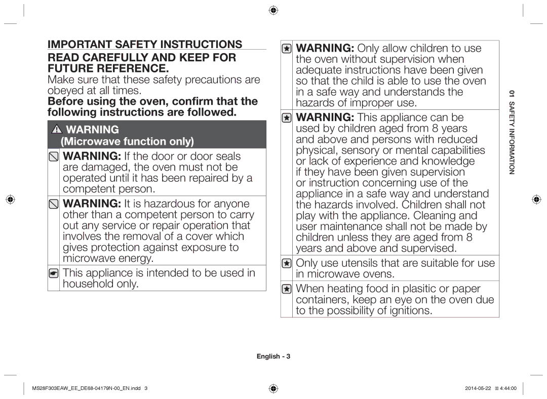 Samsung MS28F303EAS/EE manual Read Carefully and Keep for Future Reference 