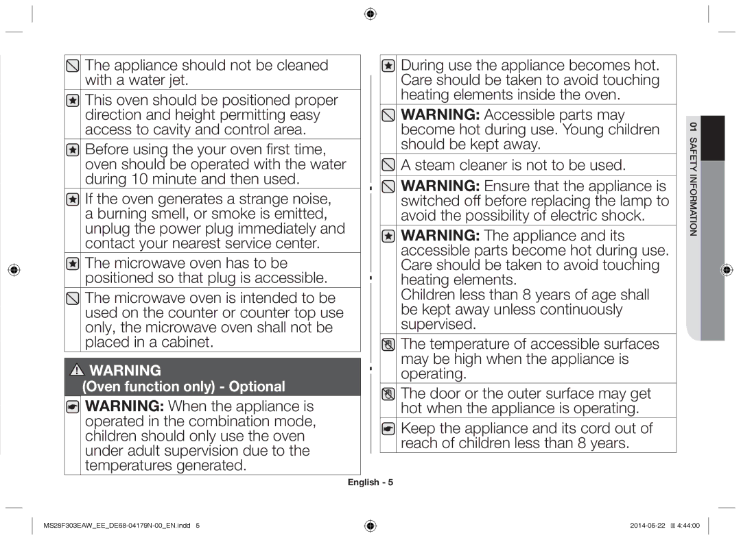 Samsung MS28F303EAS/EE manual Appliance should not be cleaned with a water jet 