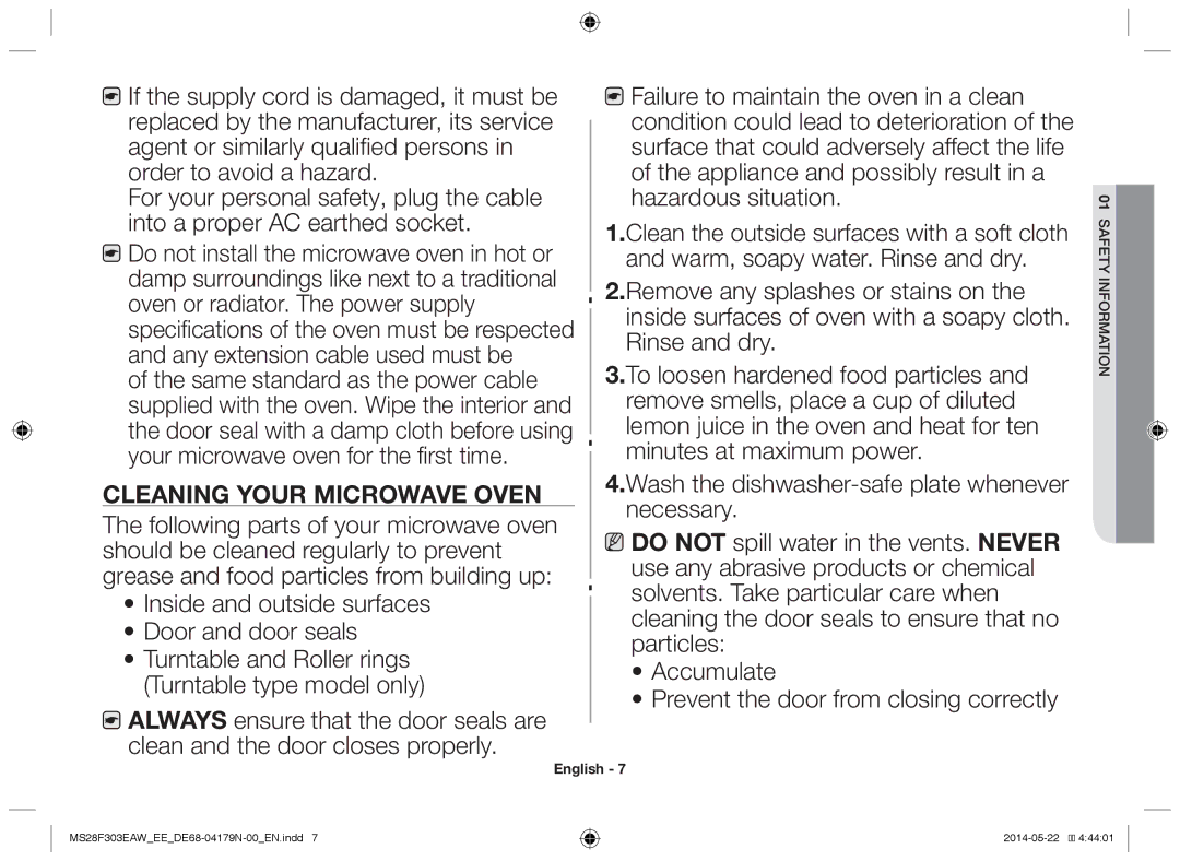 Samsung MS28F303EAS/EE manual Cleaning your microwave oven 