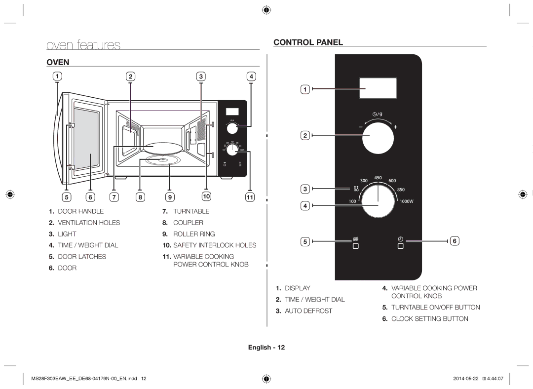 Samsung MS28F303EAS/EE manual Oven features, Oven Control panel 