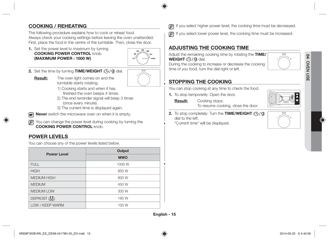 Samsung MS28F303EAS/EE manual Cooking / Reheating, Adjusting the cooking time, Stopping the cooking, Power levels 