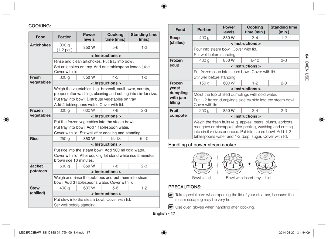 Samsung MS28F303EAS/EE Food Portion Power Cooking Standing time, 300 g 850 W, Instructions, Fresh, Frozen, Rice, Jacket 