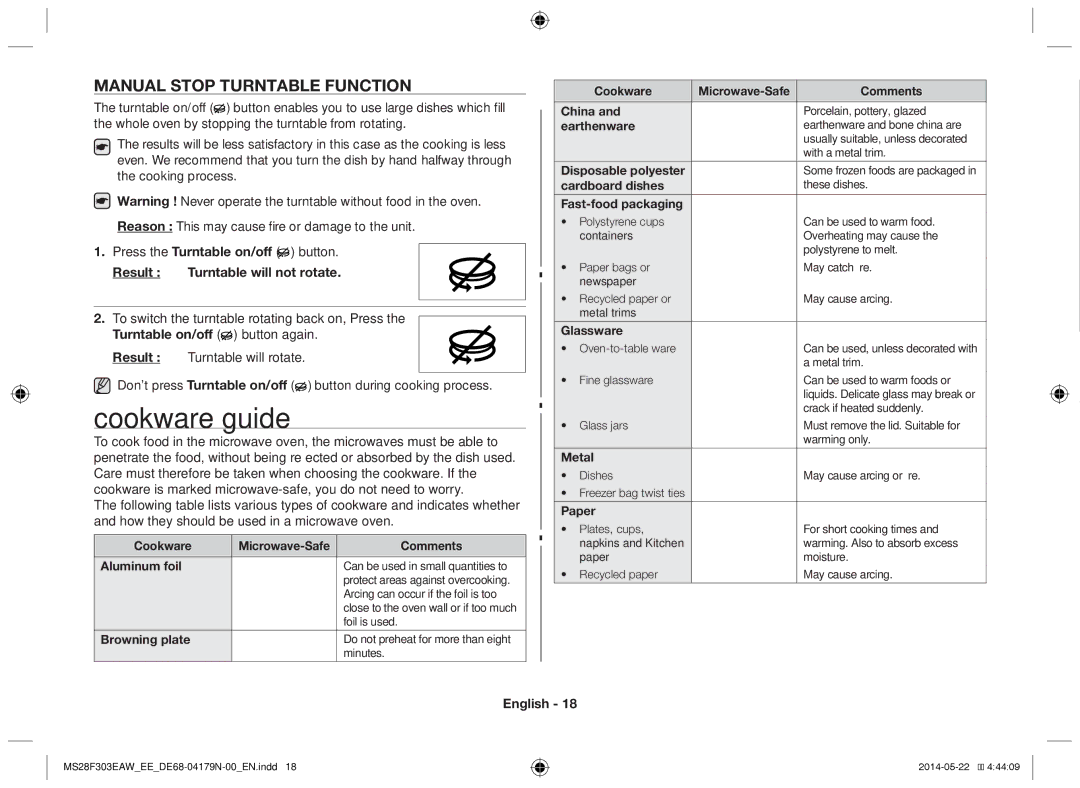 Samsung MS28F303EAS/EE manual Cookware guide, Manual Stop Turntable Function, Result Turntable will not rotate 