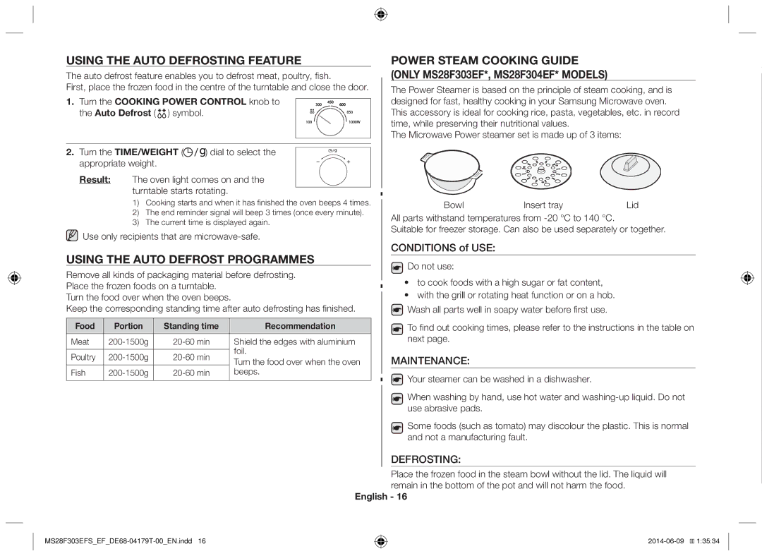 Samsung MS28F303EAW/EF, MS28F303EFS/EF manual Using the auto defrosting feature, Using the auto defrost programmes 