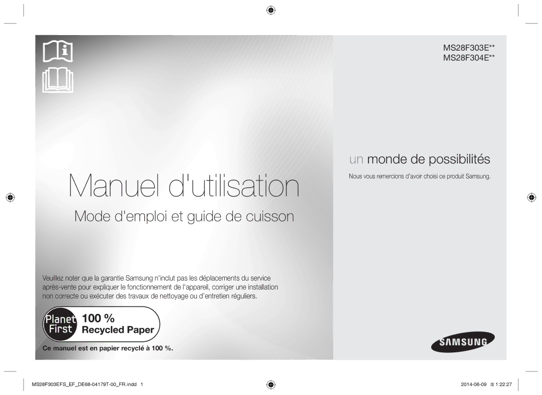 Samsung MS28F303EFS/EF manual Manuel dutilisation, Ce manuel est en papier recyclé à 100 % 