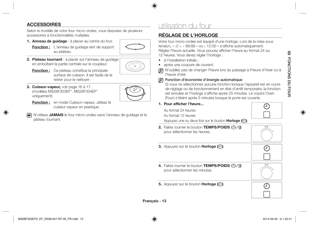 Samsung MS28F303EFS/EF manual Utilisation du four, Accessoires, Réglage de lhorloge, Pour afficher l’heure 