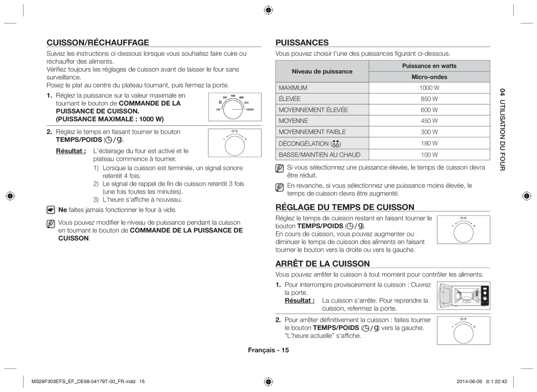 Samsung MS28F303EFS/EF manual Cuisson/Réchauffage Puissances, Réglage du temps de cuisson, Arrêt de la cuisson 