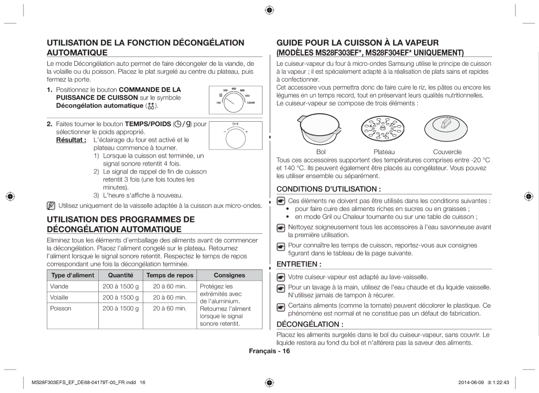 Samsung MS28F303EFS/EF manual Utilisation de la fonction décongélation automatique 