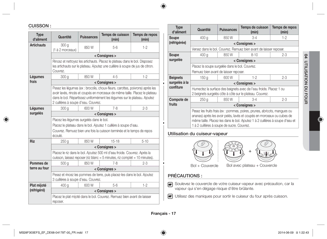 Samsung MS28F303EFS/EF Type Quantité, Légumes, Frais Consignes, Surgelés Consignes, Riz, Soupe, Surgelée, Beignets 